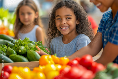 Family enjoying time together at a vibrant market, selecting fresh vegetables and fruits, surrounded by colorful produce, showcasing healthy lifestyle and community engagement