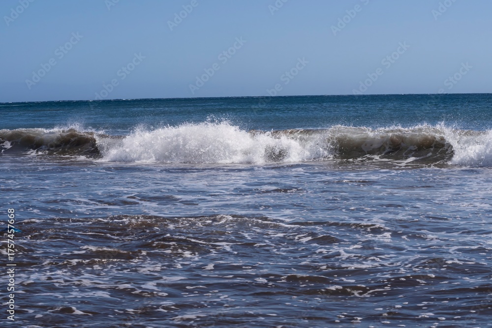 Fototapeta premium Dynamic ocean wave with foam and spray on the volcanic beach of Tenerife. Beautiful natural seascape showing strength, motion, and contrast of deep blue Atlantic water.
