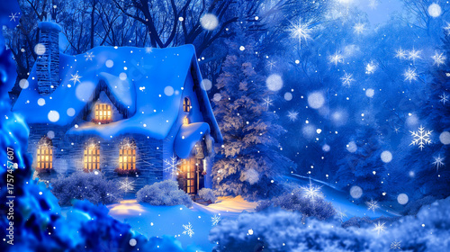 Charming winter cottage adorned with festive decorations, surrounded by snow-covered trees, creating a cozy holiday atmosphere with warm lights glowing from windows