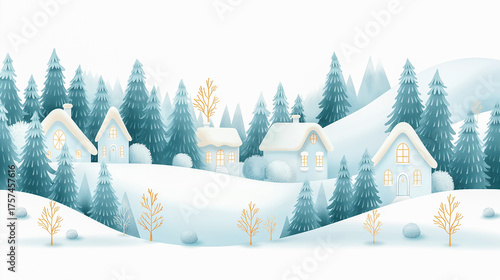 Charming winter cottage adorned with festive decorations, surrounded by snow-covered trees, creating a cozy holiday atmosphere with warm lights glowing from windows