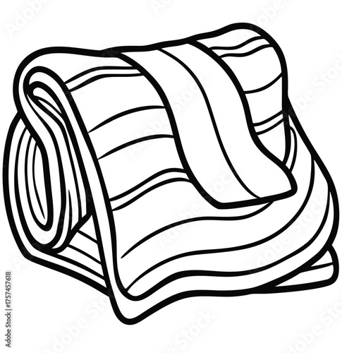 A black and white line art illustration of a soft, cozy fleece blanket rolled up neatly. This vector icon represents comfort, warmth, and lightweight bedding for home or travel