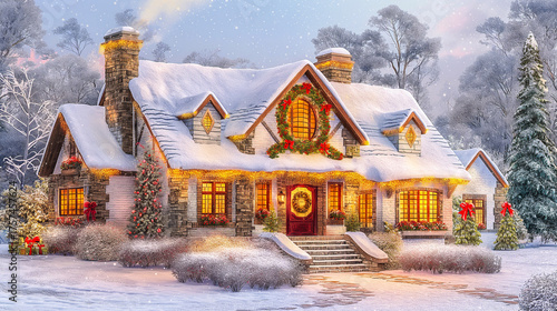 Charming winter cottage adorned with festive decorations, surrounded by snow-covered trees, creating a cozy holiday atmosphere with warm lights glowing from windows