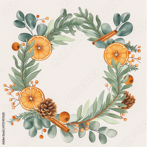 Festive circular arrangement featuring pinecones, orange slices, eucalyptus leaves, and cinnamon sticks, creating a warm and inviting atmosphere with ample copy space for text