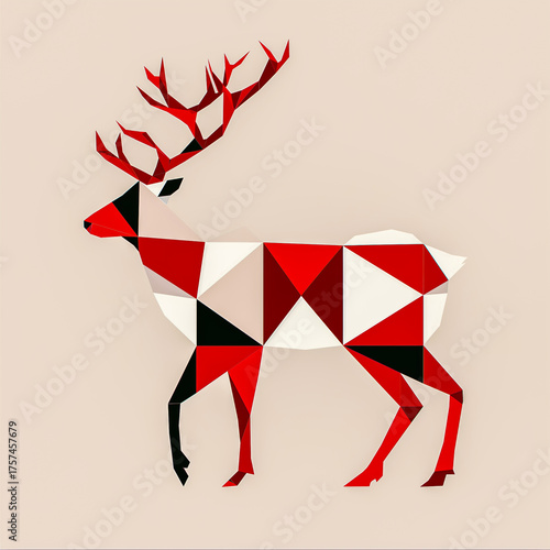 Colorful patterned deer illustration featuring intricate designs in red and beige, showcasing artistic creativity and whimsical charm in a playful style