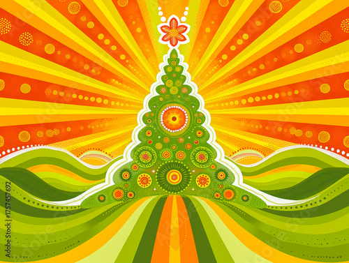 Retro funk Christmas illustration of a stylized Christmas tree with abstract shapes, gradient background in mustard yellow, avocado green and burnt orange, 1970s vibe, digital art