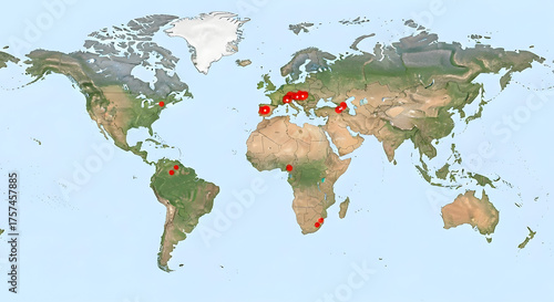 A global map showing red markers, indicating locations around the world.