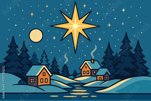 Magical christmas star shines over snowy village and moonlit winter night sky