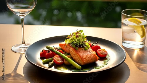 Gourmet salmon dish with asparagus and cherry tomatoes on a table