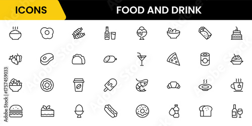 Food and drink web icons in line style. Meal, restaurant, dishes, fruits, fast food, burger, pizza, coffee, sandwich, collection. Vector illustration.