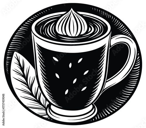 Whimsical Black and White Illustration of a Hot Beverage in a Mug, Topped with Cream and Garnished with a Leaf, Evoking Warmth and Comfort