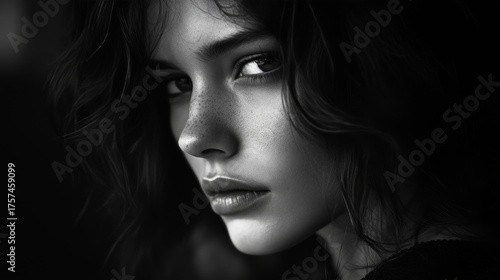 A black-and-white portrait of a woman, intense yet serene 