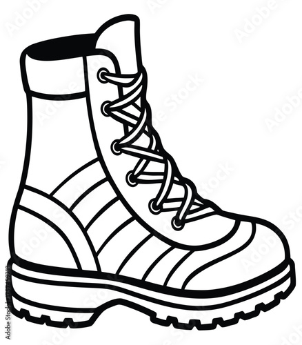 Iconic Black and White Illustration of a Sturdy Boot, Representing Protection, Adventure, and the Outdoors. Perfect for Design and Conceptual Projects, Suitable for Various Applications