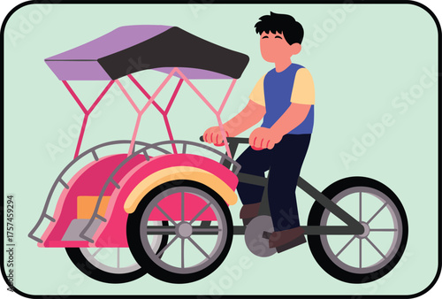 Illustration of a man pedaling a Becak, a traditional Indonesian rickshaw, in vibrant colors