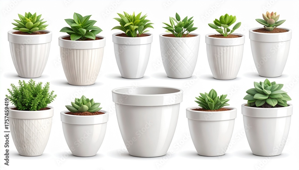 Obraz premium Vector set of realistic white ceramic flower pots isolated on white background. 