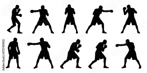 Boxer silhouettes practicing punches and training poses. Great for boxing, martial arts, gym workout, competition, and fitness sport vector illustration projects.