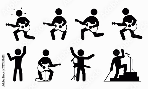Collection of musician silhouettes performing on stage with guitar, drums, and microphone. Ideal for music, concert, entertainment, and live performance design concepts.