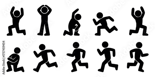 Dynamic stickman silhouettes showing running, stretching, jumping, and exercise movements. Perfect for fitness, sports, training, and active lifestyle design projects.
