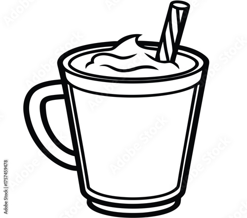 Vintage black and white illustration of a classic glass mug containing a warm, comforting beverage. Detailed vector art of simply heated milk or a hot drink for a cozy and relaxing moment