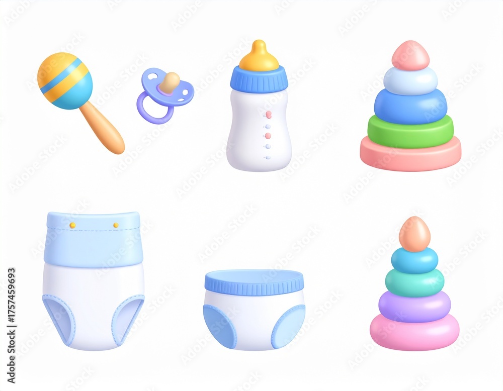 Fototapeta premium 3d baby, kids toy and object icons. Bottle, pacifier, rattle, diaper, pyramid isolate 