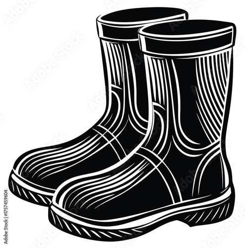 A pair of black and white outline illustrations of rubber boots, ideal for gardening, farming, and outdoor activities, providing waterproof protection against mud and puddles for all ages