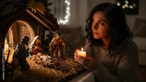 Contemplative moment by candlelight at a nativity scene during christmas