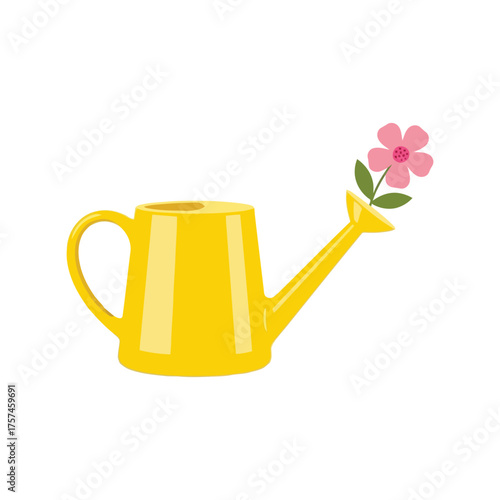 Yellow watering can delivering pink flower and green leaves spring garden growth concept vector