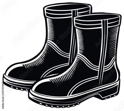 Pair of black rubber boots isolated on white background