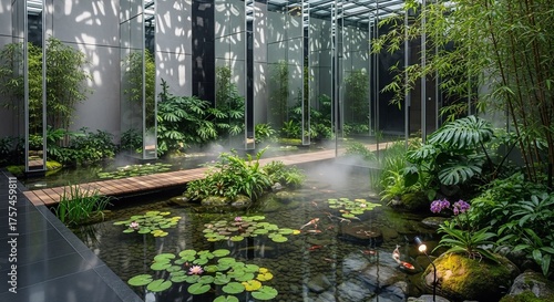 Serene Indoor Japanese Garden with Koi Pond, Fog, and Modern Mirror Walls