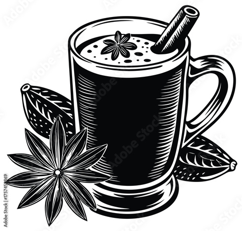Vintage woodcut style illustration of a warm mug of spiced hot chocolate, garnished with a cinnamon stick, star anise, and surrounded by fresh cocoa pods