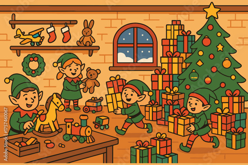 Christmas elves busily making and wrapping toys for santa s workshop during the holiday season