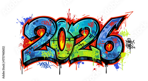 Bold Graffiti Style 2026 Number Artwork Isolated on Transparent Background Vibrant Colors