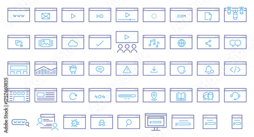 Web browser and internet pages icon set. Thin line editable stroke icons for website, online content, user interface, communication, design, seo, development, and digital technology.