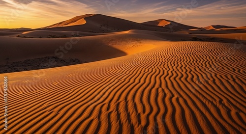 Dramatic Sunset Light on Sculpted Desert Sand Dunes with Wind-Blown Ripples
