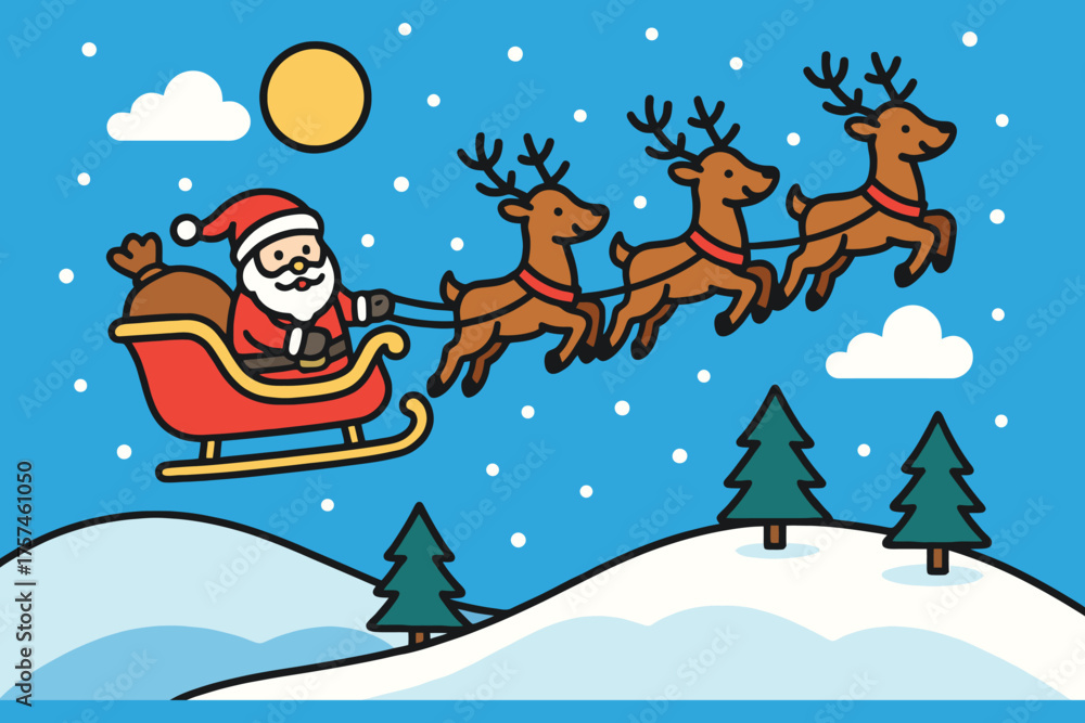 Naklejka premium Santa claus flying in his sleigh pulled by reindeer across a snowy winter sky