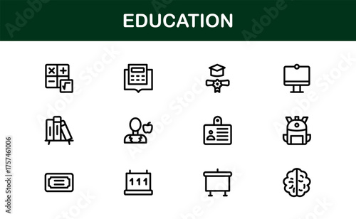 Education Line Icon Set – Professional Minimal Outline Icons for E-Learning, School, and University Projects