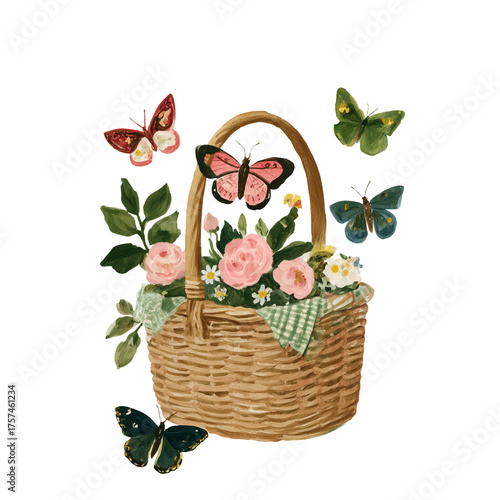 Spring basket illustration filled with flowers and surrounded by butterflies, isolated on transparent background. Bright and cheerful seasonal design.