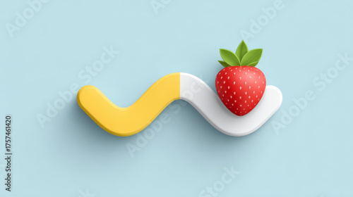 Stylized strawberry on wavy bar, vibrant red and yellow, representing healthy eating and balance.