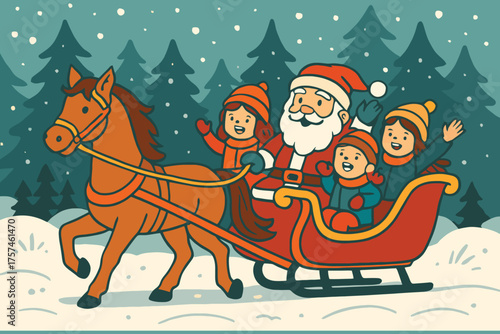 Santa claus and happy children riding in a horse drawn sleigh through a snowy forest