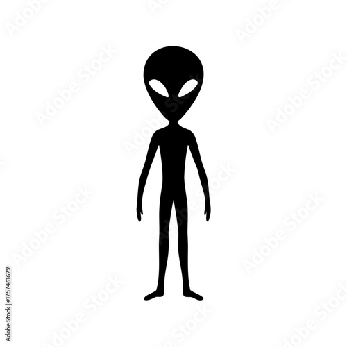 Stylized depiction of a black alien on a white background, simple figure