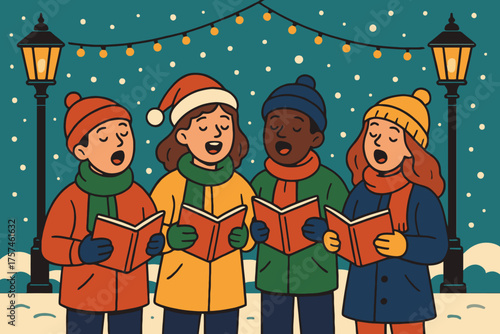 Diverse group of children in winter hats and scarves singing carols outdoors at night