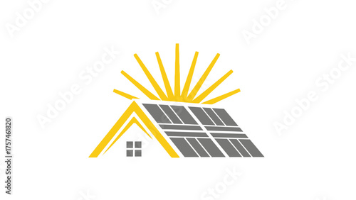 Solar Panel House Roof with Sunburst - Renewable Energy Logo.