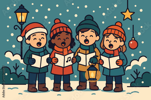 Diverse group of happy children singing christmas carols outdoors in the snow at night
