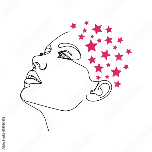 Elegant continuous line art portrait of woman head with falling pink stars vector