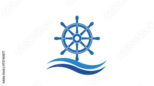 Ship Steering Wheel on Waves - Maritime Nautical Travel Logo.
