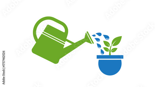 Watering Can Nurturing Potted Plant Growth Icon Concept.
