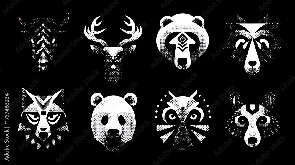 Fototapeta premium Graphic image of eight stylized animal heads in white with geometric patterns on black