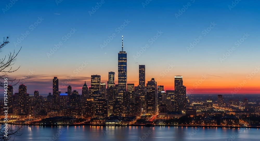 Obraz premium City skyline at dusk with illuminated buildings and vibrant sunset colors