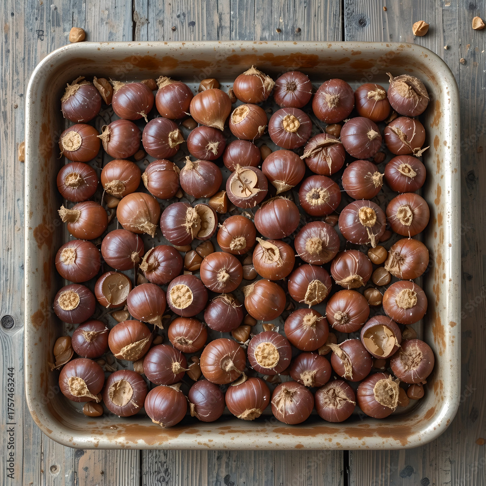 Obraz premium Tray of fresh chestnuts on a rustic table