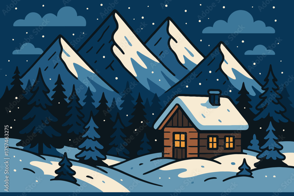 Fototapeta premium Cozy wooden cabin nestled in a snowy mountain landscape under a starry night sky