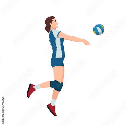 Female volleyball player jumps and bumps the ball with focus and athletic precision during a game. Flat vector illustration isolated on white background
